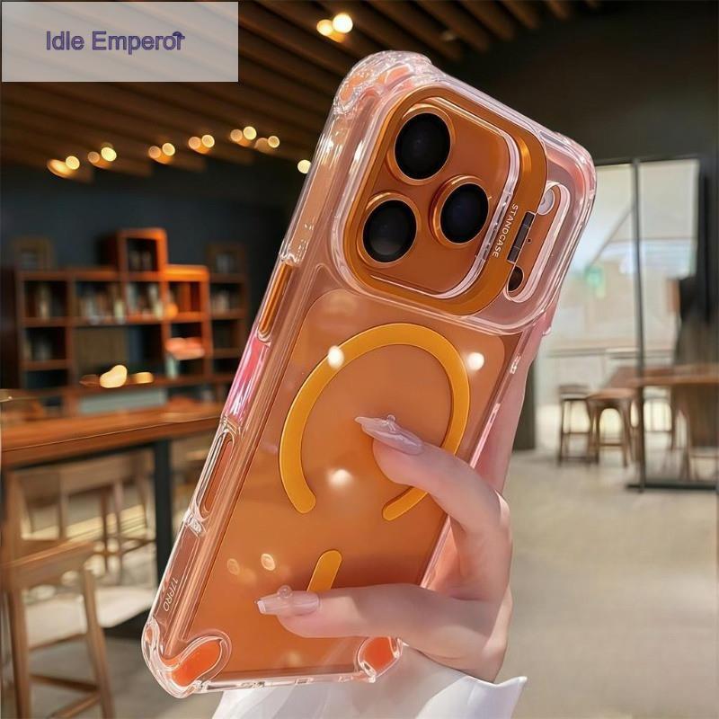 【เคส iPhone 17】เคสโทรศัพท์ใสสีส้มหรู มีแผ่นรองรับแรงกระแทกแบบแอร์แบ็ก รองรับการชาร์จไร้สายแม่เหล็ก ใ
