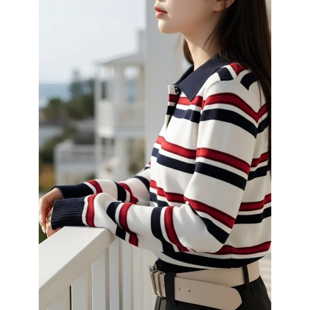 เสื้อแขนยาวลายขวางแฟชั่นผู้หญิงสไตล์ Old Money ลายริ้วเรียบหรูดูดี