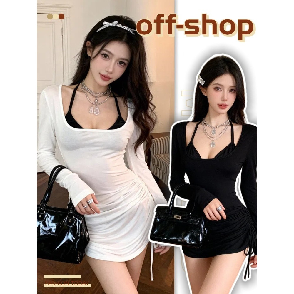 OFF SHOP 🥻ใหม่ 2025 สีทึบ หวานและเซ็กซี่ แสดงอารมณ์ การออกแบบเอว สไตล์สั้น ชุดเดรส/บราคล้องคอ FY2691