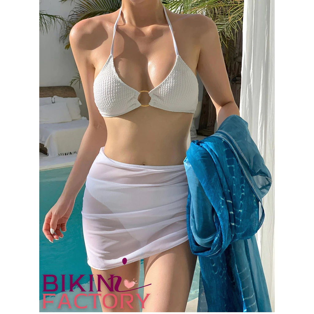 BIKINI FACTORY ชุดบิกินี่ ชุดว่ายน้ำกระโปรง บิกินี่เซ็ท3ชิ้น ผ้าคลุม 🐋 มีไซส์ M-XL | น้ำหนัก 40-65 กก.Y006