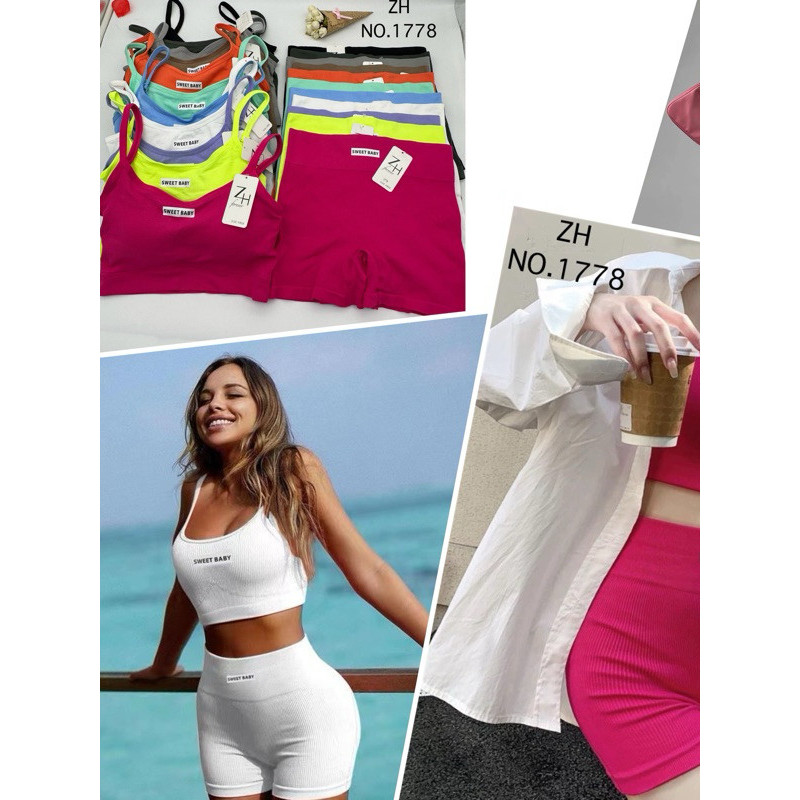 LL Pay: ชุดเซทสปอร์ตบราsweet babyงานผ้าร่อง11สี บราสปอร์ต+กางเกงขาสั้น ชุดโยคะ ชุดออกกำลังกายสำหรับผ