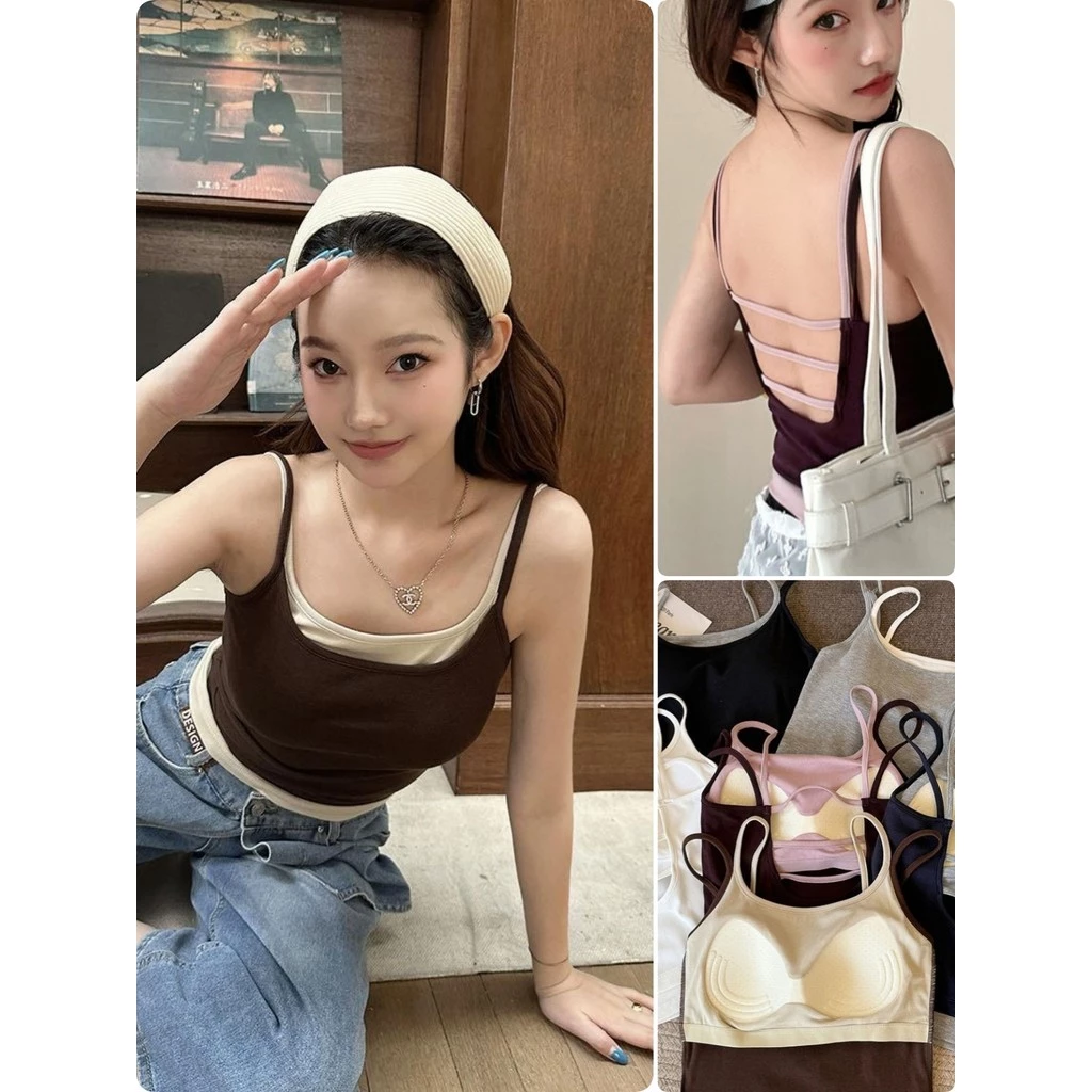 เสื้อสายเดี่ยว Bra Top ฟองน้ำในตัว ใส่สบาย ดีไซน์แบบ 2 ชั้น โชว์หลังสวย ไม่ต้องใส่บราเพิ่ม Padded Camisole #88043