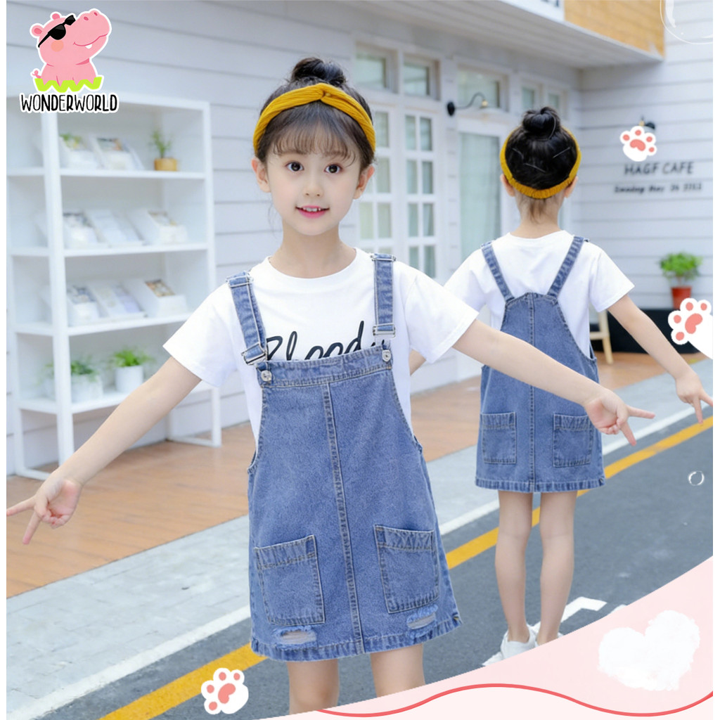 เอี๊ยมยีนส์เด็ก กระโปรงยีนส์เด็ก สำหรับเด็กผู้หญิง แบบขาด งานแฟชั่น