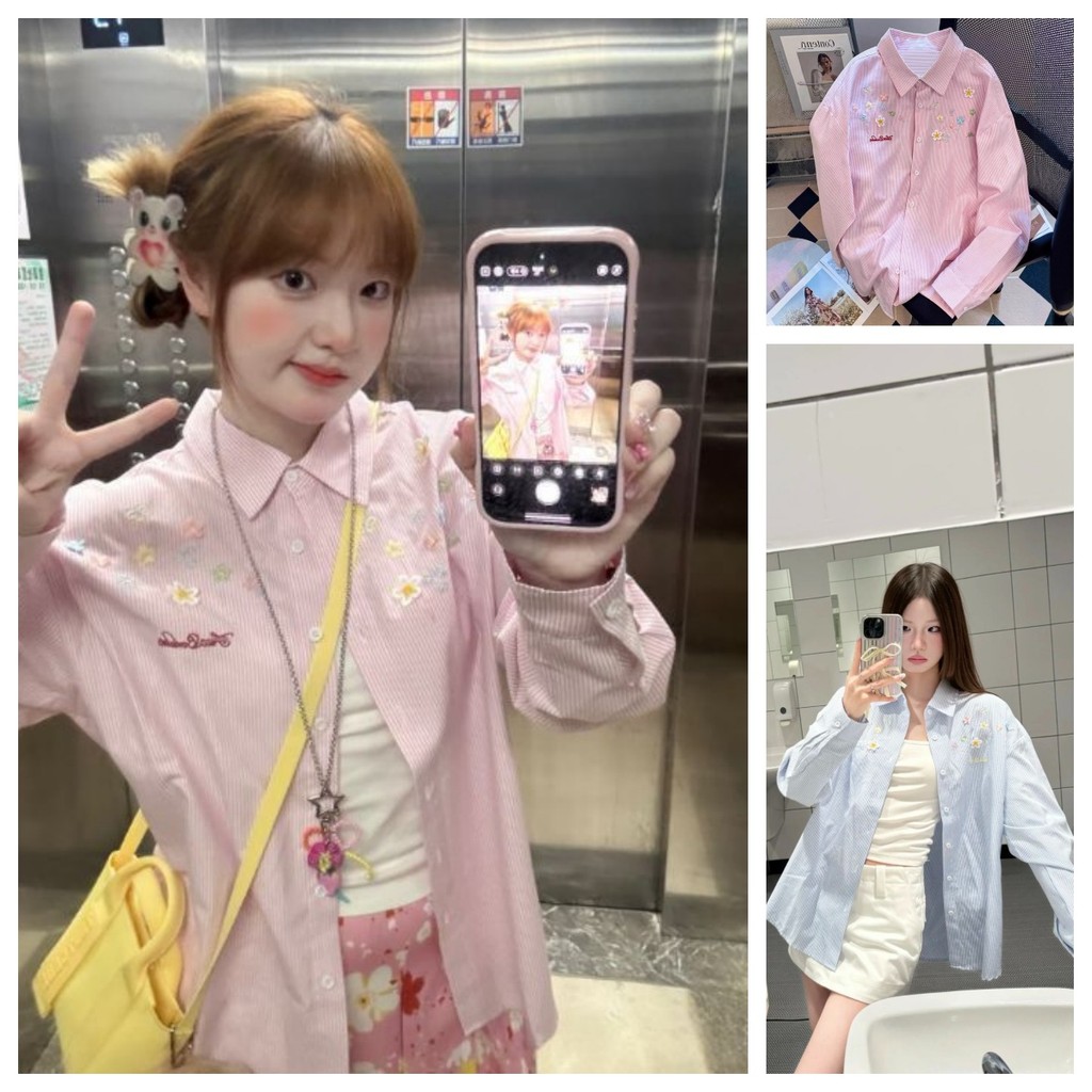 ปักดอกไม้เล็กสีชมพู เสื้อเชิ้ตลายทางแขนยาว ลําลองหลวม เสื้อเชิ้ตสีฟ้าอ่อน หลากหลายสไตล์ให้เลือก