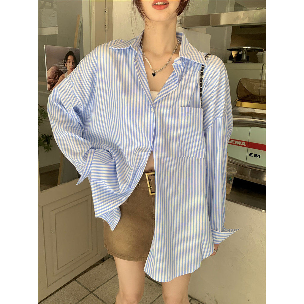 เสื้อเชิ้ตริ้วกันแดดสบายๆสำหรับสตรี แขนยาวหลวม เสื้อคลุมมีเสน่ห์ 3 สี
