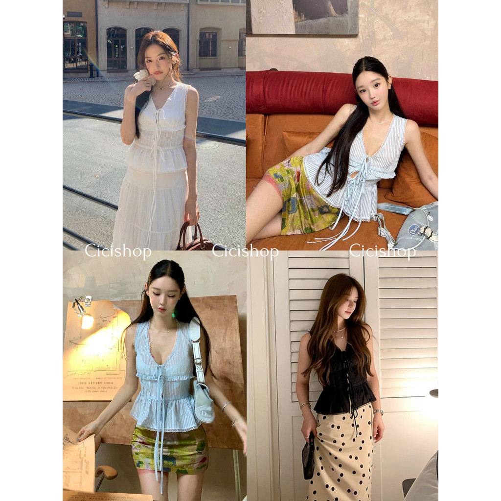 Cicishop(Y6536) เสื้อคอวีแขนกุด ผูกเชือกด้านหน้า แต่งระบายลูกไม้ เนื้อผ้าชีฟอง ใส่แล้วเบาสบาย สไตล์สาวคาเฟ่น่ารักๆ