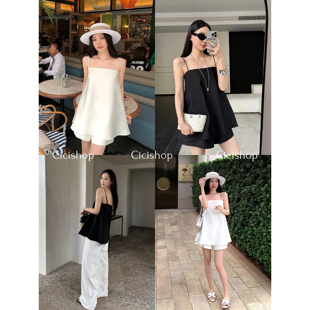 Cicishop(3418) Set 2 ชิ้น เสื้อสายเดี่ยวปรับสายได้+กางเกงสม็อคเอวดีเทลกระเป๋าด้านข้าง มีซับใน ดูเรียบง่าย สไตล์สาวคาเฟ่