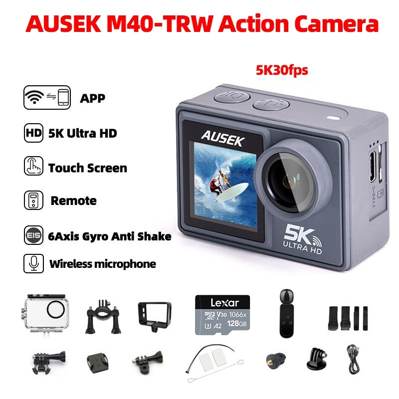 กล้องแอ็คชั่น AUSEK M40TRW ความละเอียด 5K 30fps Ultra HD หน้าจอสัมผัส AT-M40TRW EIS กล้องกีฬา M40TR