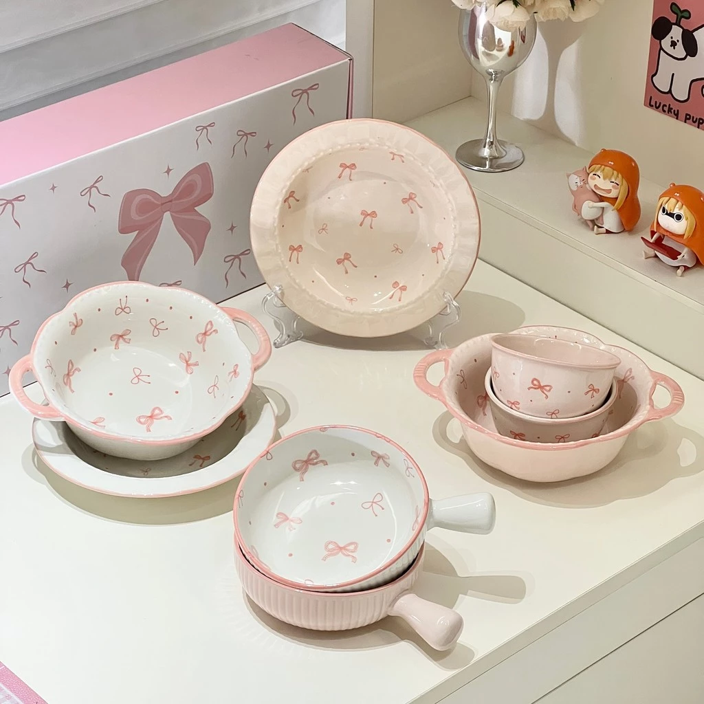 New!ชุดจานชามเซรามิกลายโบว์สีชมพูน่ารักๆ เข้าไมโครเวฟได้ เครื่องล้างจาน พร้อมกล่องของขวัญ ของขวัญวันเกิด