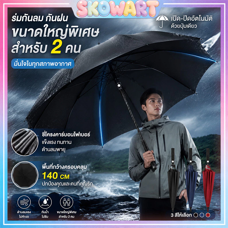 ร่มพับขนาดใหญ่ ร่มกันuv พับได้ กันฝนได้มากถึง 3 สี สีน้ำเงิน สีแดง สีดำ กันแดด ร่มกันฝน 122*94ซม แข็งแรง