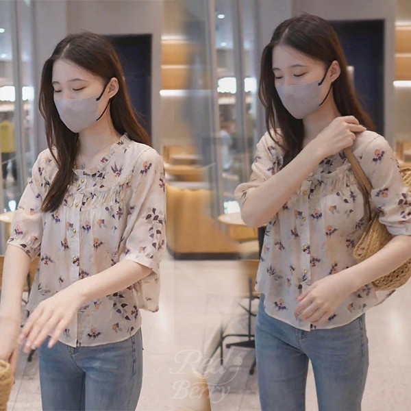 Red Berry เสื้อเชิ้ตพิมพ์ลายสไตล์ฝรั่งเศสสำหรับผู้หญิง ทรงฤดูร้อน แขนสามส่วน เนื้อผ้าบางเบา 99433