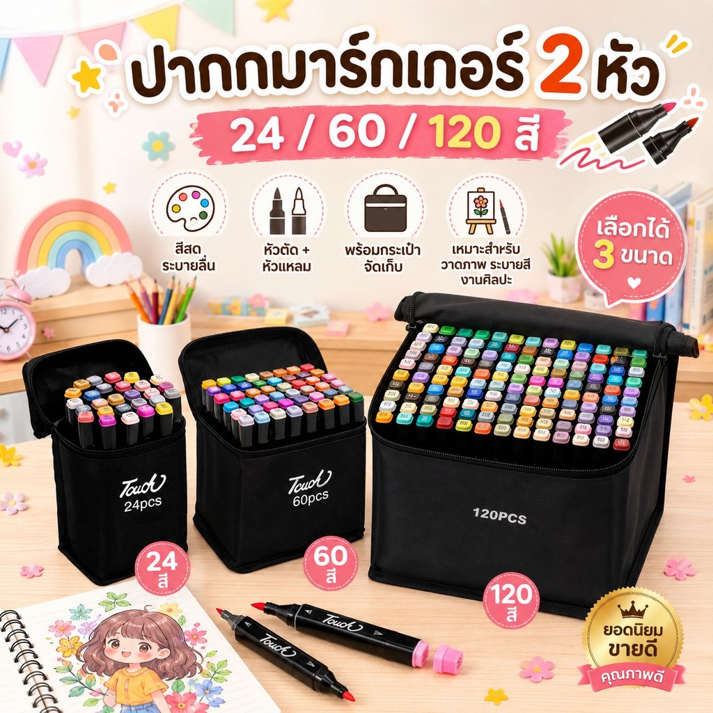 KiKi ปากกามาร์กเกอร์ 2 หัว 24/60/120 สี Artist Marker ปากกาสีปลายคู่ สีสด พร้อมกระเป๋า สำหรับวาดภาพ ระบายสี งานศิลปะ