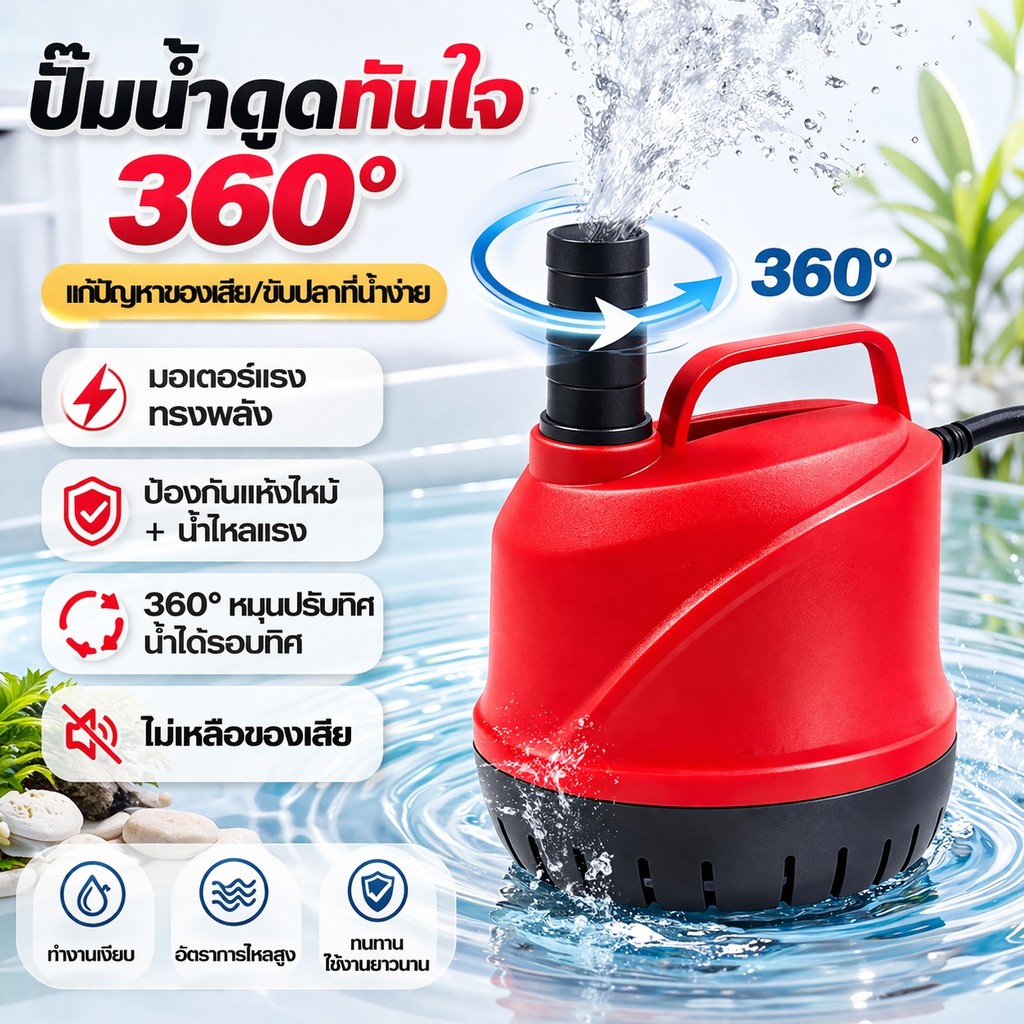 ปั๊มน้ำปลา 360° ปั๊มออกซิเจน ตู้ปลา ปั๊มน้ำเงียบ แรงดันสูง เพิ่มออกซิเจน น้ำใส ไม่ทำให้ปลาติด ทนทาน ใช้งานง่าย