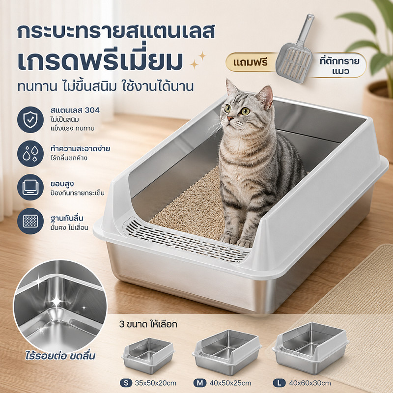 😻 กระบะทรายแมวสแตนเลสขนาดใหญ่ 70×40cm ขอบสูง กึ่งปิด ลดกลิ่นเหม็นทำความสะอาดง่าย ใช้เป็นห้องน้ำแมว แข็งแรง ทนทาน