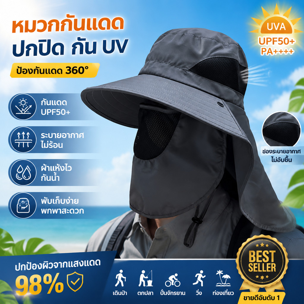 หมวกกันแดด UPF50+ ปิดหน้าและลำคอ กัน UV 100% ใส่สบาย ระบายอากาศดี สำหรับกลางแจ้ง
