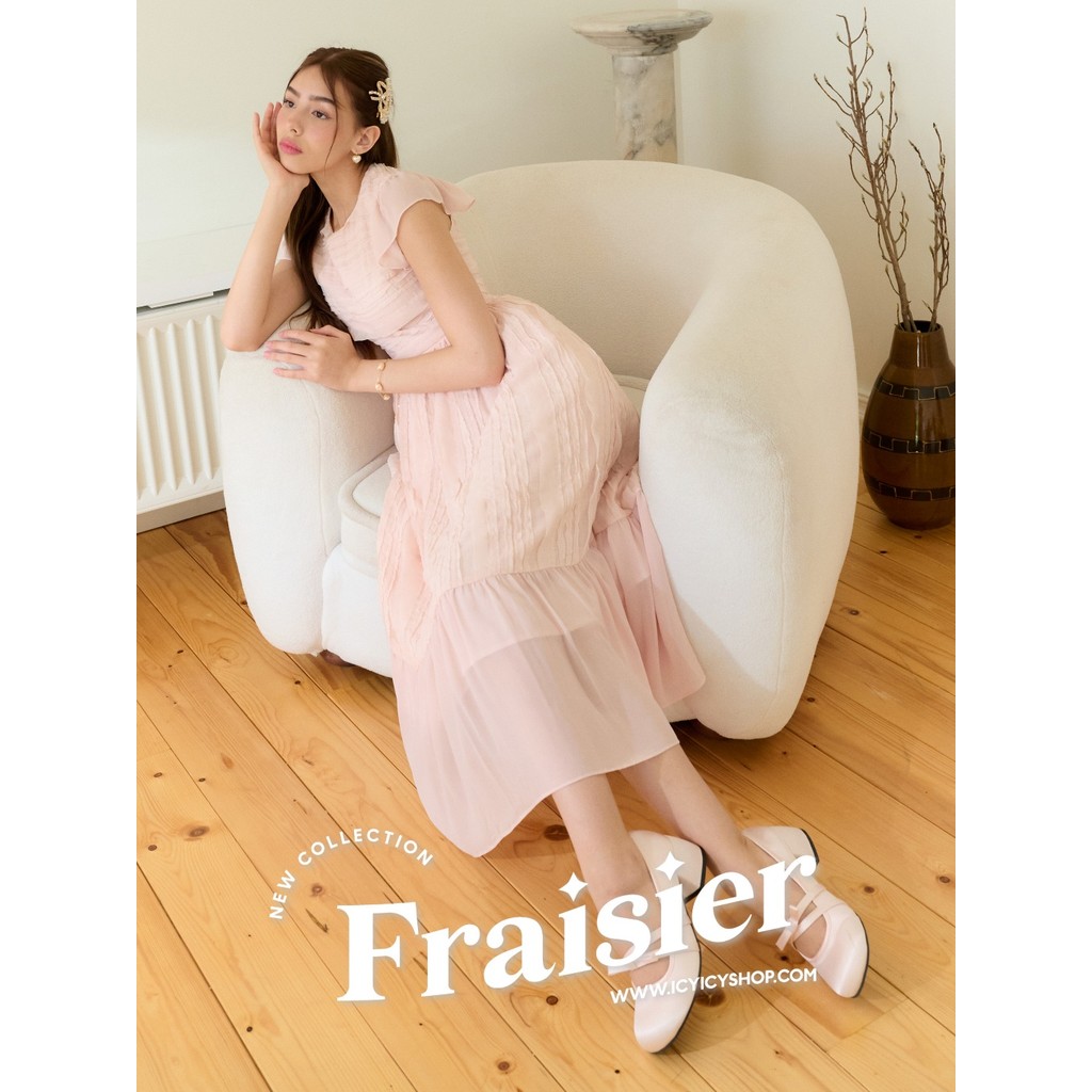 icyicy Fraisier Layer Dress #DI14801 เดรสยาวสีชมพู ตกแต่งดีเทลเรียบหรู งานแต่ง เพื่อนเจ้าสาว