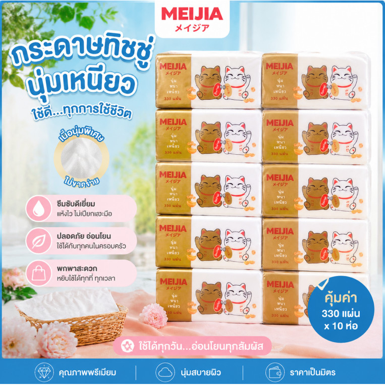 【 สินค้าพร้อมส่ง】กระดาษทิชชู่ แมวกวัก ไม่ใส่สาร ฟอกขาว สะอาด ใช้งานง่าย พกพาสะดวก 1แผ่นหนา4ชั้น