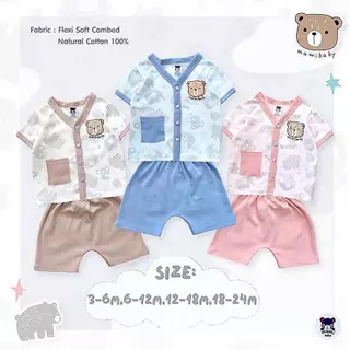 𝗠𝗔𝗠𝗜 𝗕𝗔𝗕𝗬 ชุดเซ็ต เสื้้อยืดแขนสั้น กระดุมหน้า กางเกงขาสั้น Size : 3-6M 6-12M 12-18 18-24M
