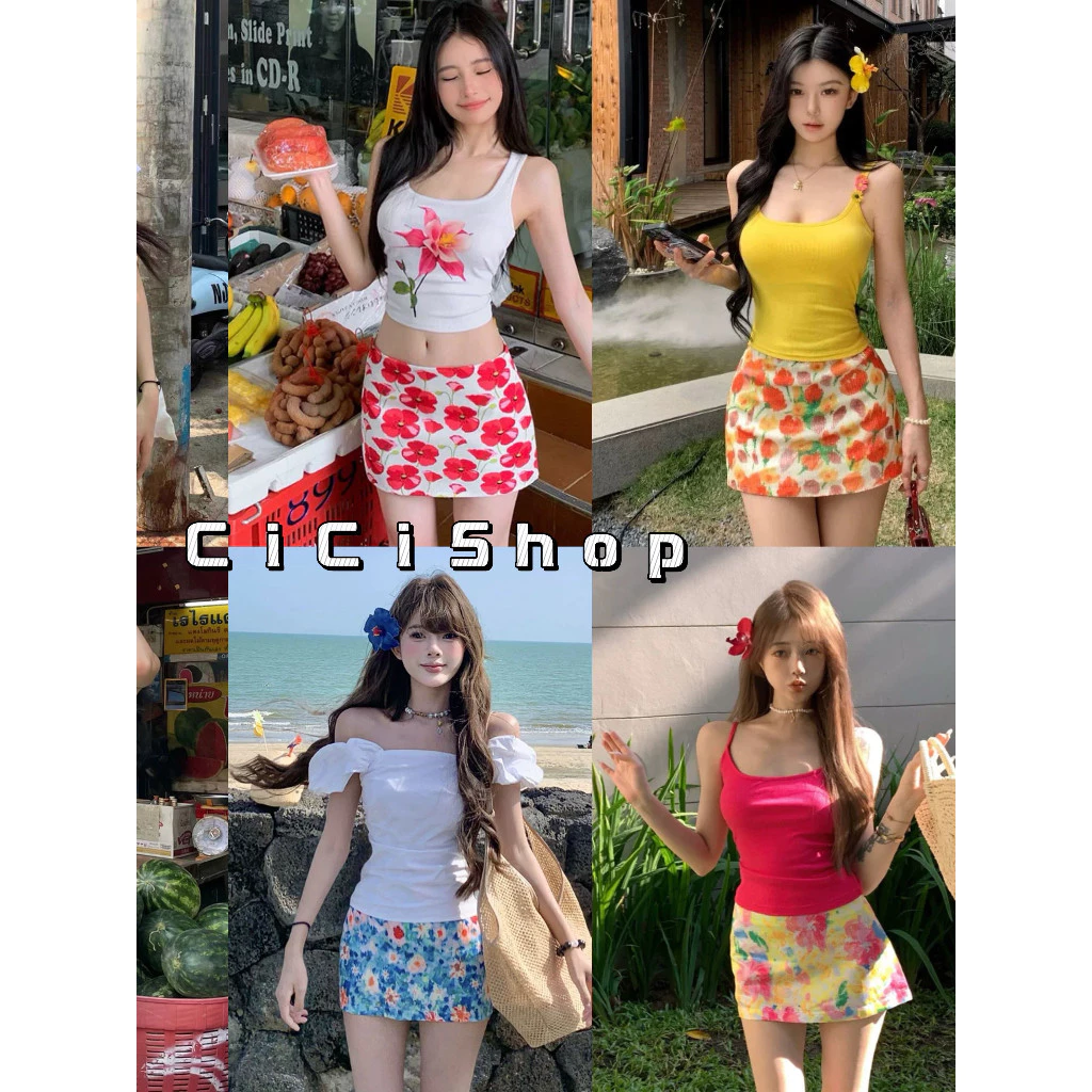 Cicishop(2529) กระโปรงสั้นลายดอกสีสันสดใส มีซับใน ซิบข้าง สไตล์สาวฮาวาย