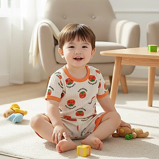 Babyonline(Y299)A1 (ส่งด่วน1วัน)ชุดนอนสำหรับเด็กแขนสั้นขาสั้นลายการ์ตูนน่ารัก มีกระดุมไหล่ ผ้าร่อง