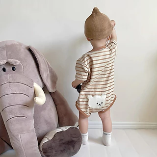 Babyonline(Y485)I5 (ส่งด่วน1วัน)ชุดบอดี้สูทแขนสั้นขาเว้าลายทางปักน้องหมีสุดน่ารัก ผ้าฝ้าย นิ่ม มีกระดุมเป้า