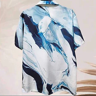 เสื้อเชิ้ตฮาวาย ลายหินอ่อนฟ้า (พื้นสีขาวฟ้า) ผ้าไหมอิตาลี