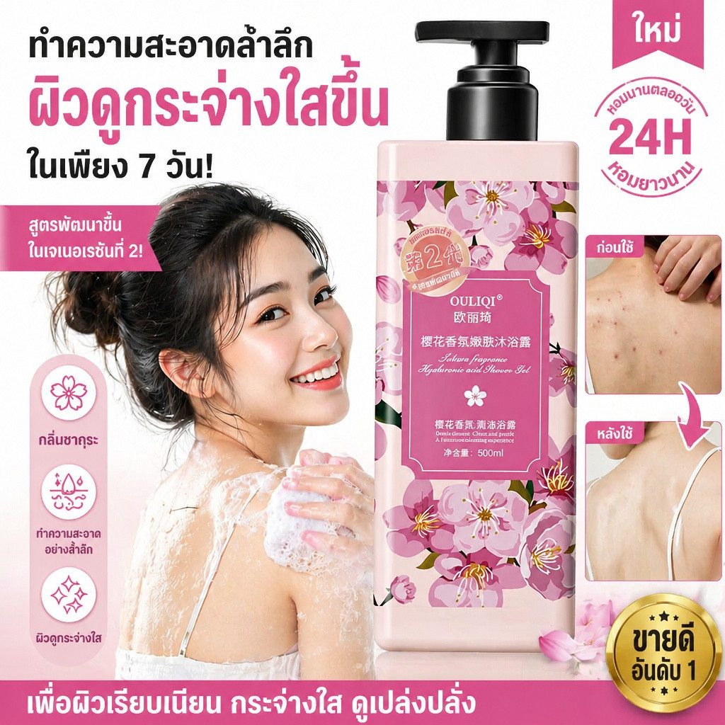 เจลอาบน้ำกลิ่นซากุระญี่ปุ่น 500ml ไวท์เทนนิ่ง ผิวขาว หอมยาวนาน บำรุงผิวชุ่มชื้น