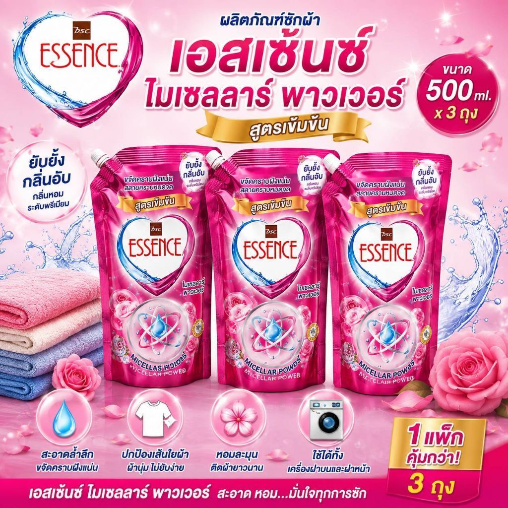 ใหม่ล่าสุด!!! ผลิตภัณฑ์ซักผ้าเอสเซ้นซ์ ไมเซร่า สูตรเข้มข้น กลิ่นบลูมมิ่งออร่าขนาด 500 มล.มีให้เลือกสั่ง3ถุง/ยกลัง
