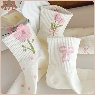 [พร้อมส่ง] ถุงเท้าหุ้มข้อดอกไม้โบว์ มี 5 ลาย น่ารักสไตล์ญี่ปุ่น ผ้าฝ้ายยืดหยุ่นใส่สบาย ใส่ได้หลายลุค : MiniMilwʕ•ᴥ•ʔ
