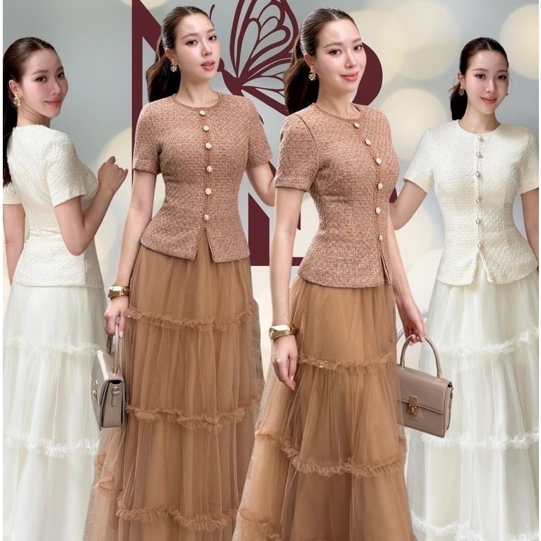 D10 งานป้าย Nabibrand Set ชุดเซ็ท 2 ชิ้น เสื้อแขนสั้น กระโปรงยาว สำหรับผู้หญิง เสื้อผ้าแฟชั่นผู้หญิง ไซส์ Xs-XL