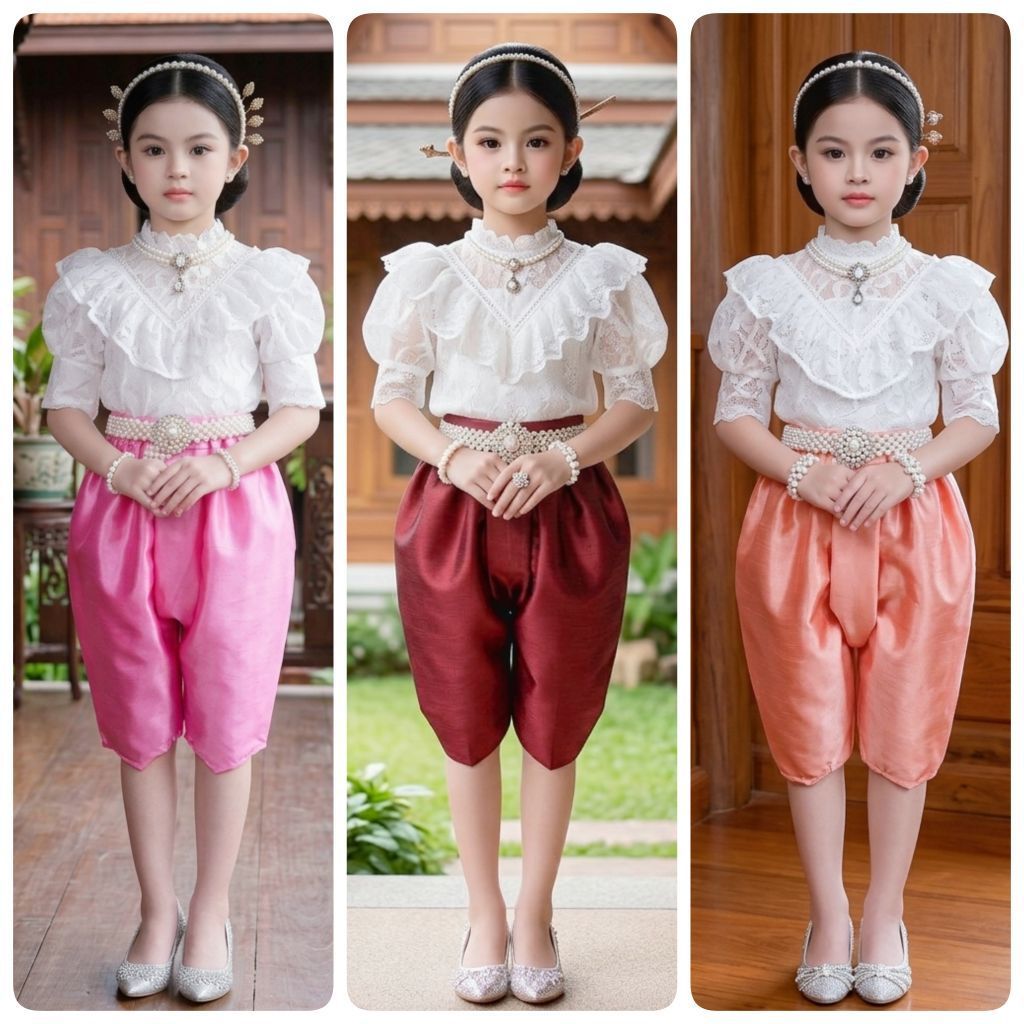 ชุดไทยเด็ก รุ่นเสื้อลูกไม้แต่งระบายอก+โจงกระเบน รวม 2 ชิ้น **ไม่รวมเครื่องประดับ**