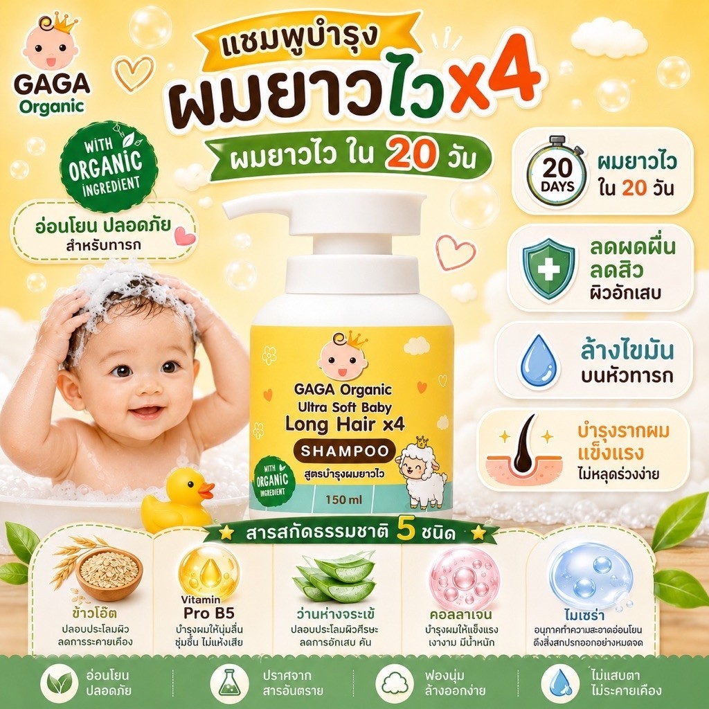 GAGA แชมพูเร่งผมยาวเด็ก โกนผมไฟ🔥ขวดเดียวเห็นผล🔥150มล แชมพูกาก้า  gaga organic 100%