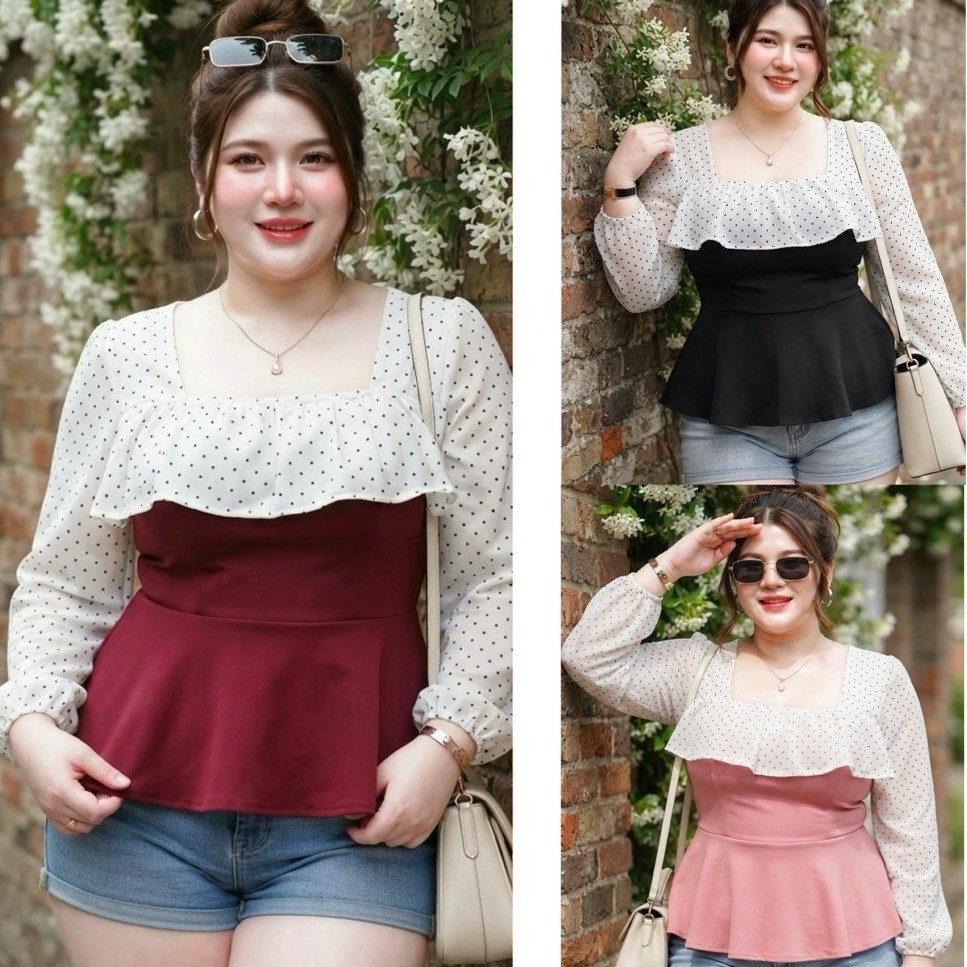 เสื้อแขนชีฟองจุดสาวอวบใส่สวย อก 44-54 นิ้ว
