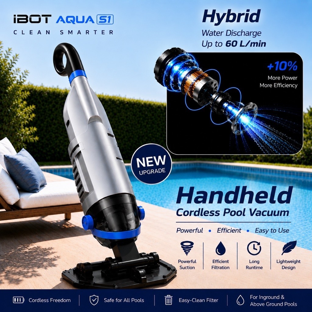 iBOT AQUA S1 เครื่องทำความสะอาดสระว่ายน้ำ Hybrid, ดูดตะกอนและสิ่งสกปรกแบบไร้สาย มีแบตฯในตัว Hand-held Pool Cleaner