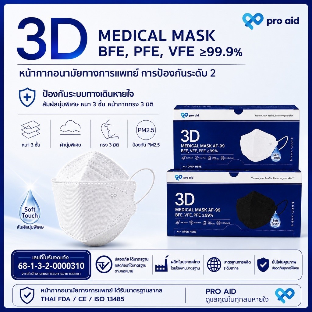 Pro Aid หน้ากากอนามัย 3D ทางการแพทย์ 50 ชิ้น/กล่อง Smart Box ผ้าชั้นในออร์แกนิก ถนอมผิว