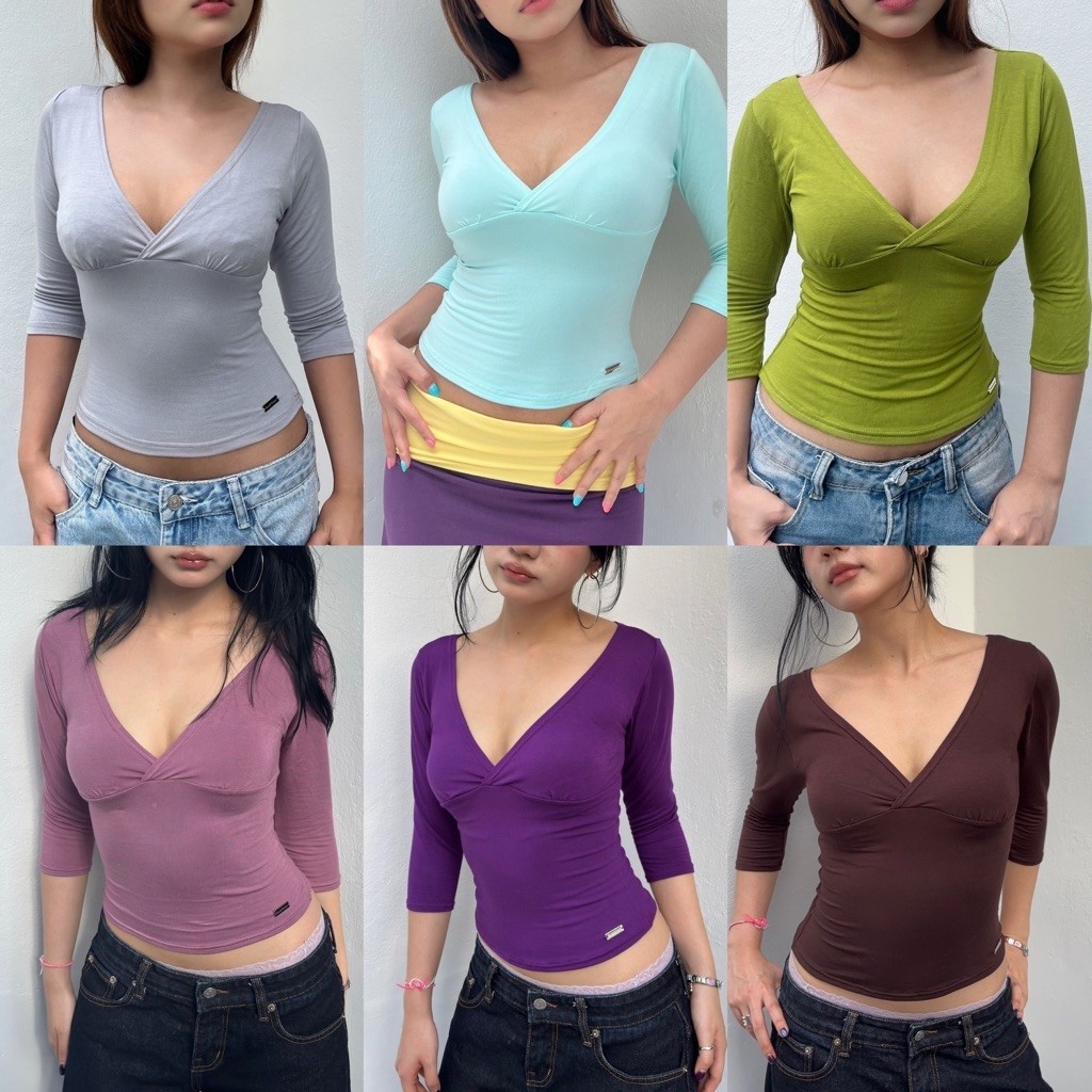 Buarchom—(BCM005) Roxie half sleeve เสื้อยืดแขนครึ่งศอก เสื้อคอวี แขน3ส่วน ผ้านุ่ม ใส่สบาย ผ้าเรย่อน ยืดได้เยอะ