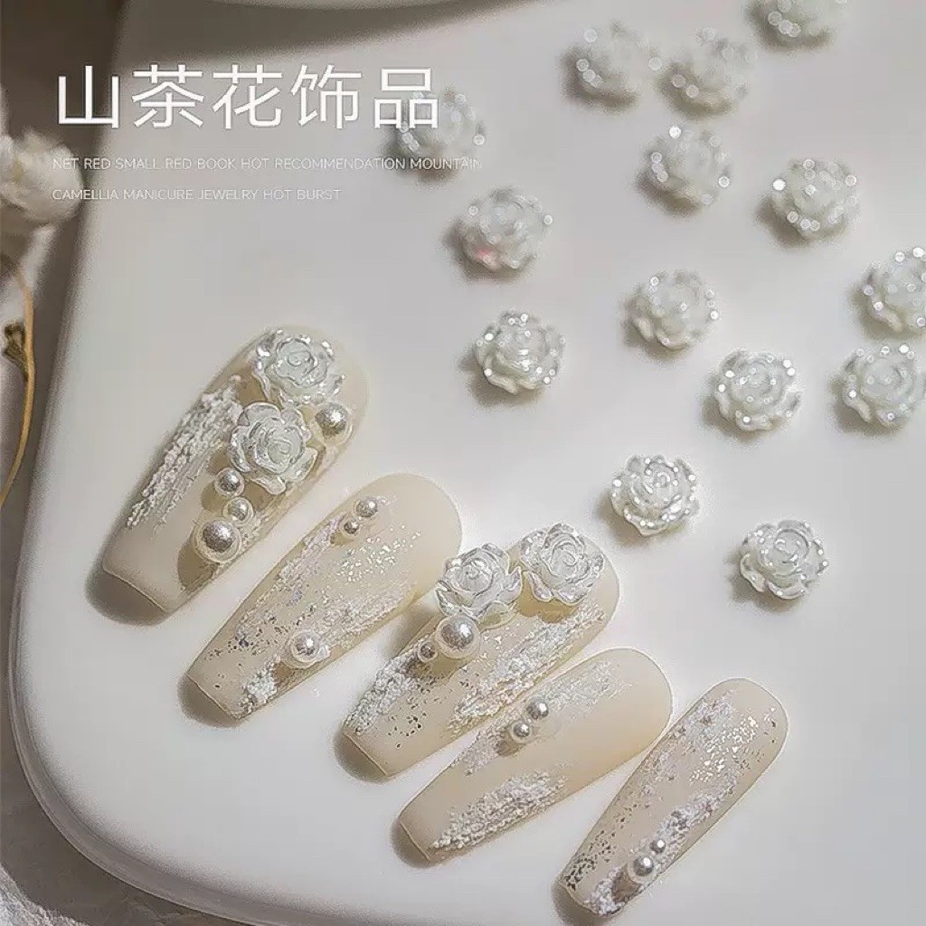 [10ชิ้น] อุปกรณ์ตกแต่งเล็บ ดอกกุหลาบสีขาว เหมือนงานปั้นมากๆ สไตล์เกาหลี สำหรับตกแต่งเล็บ DIY