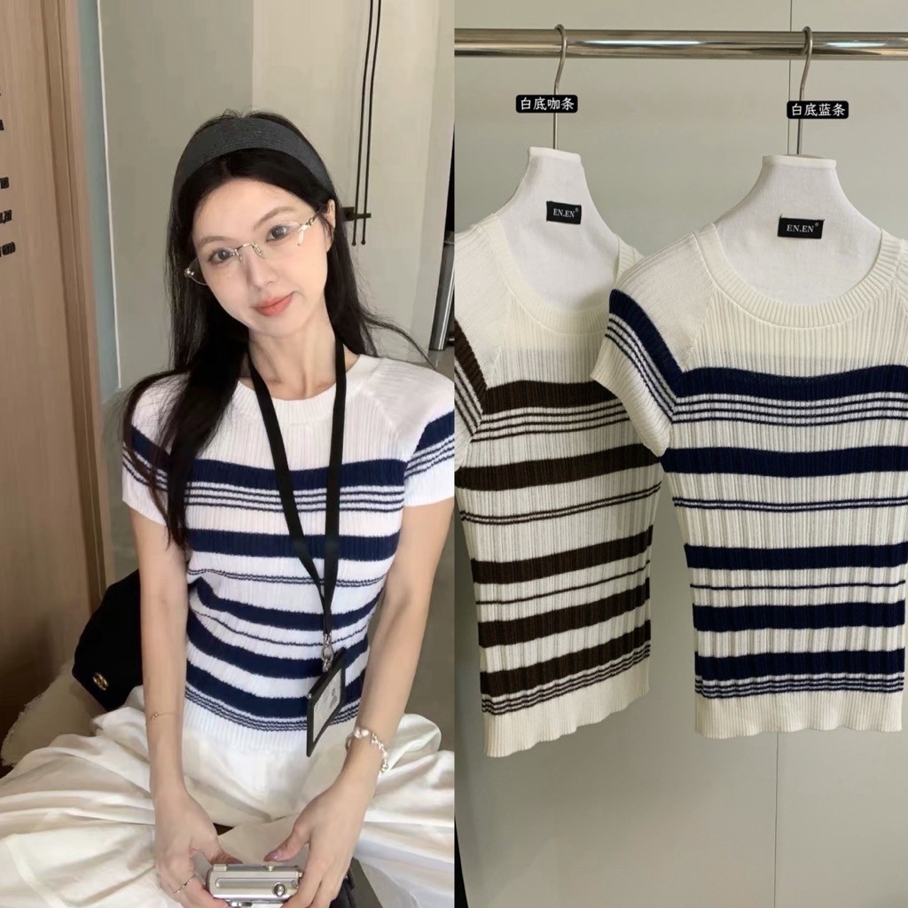 11037# เสื้อคอกลมไหมพรมแขนสั้นลายริ้ว เนื้อผ้าไหมพรมอย่างดี งานสวย TAG:WG.WE