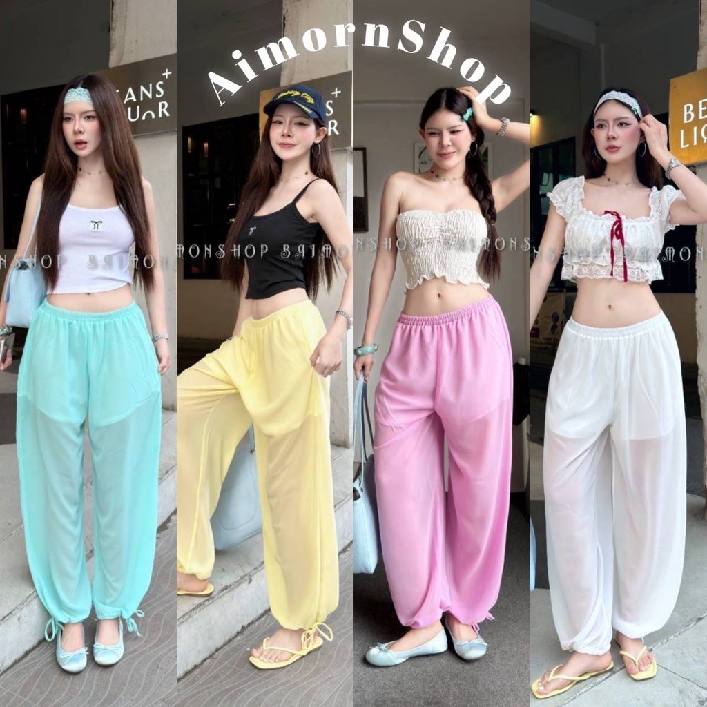🔥aimorn_shop🔥กางเกงขาจั้ม ผ้าบางซีทรู ด้านในเป็นขาสั้น เอวยางยืดสม็อค