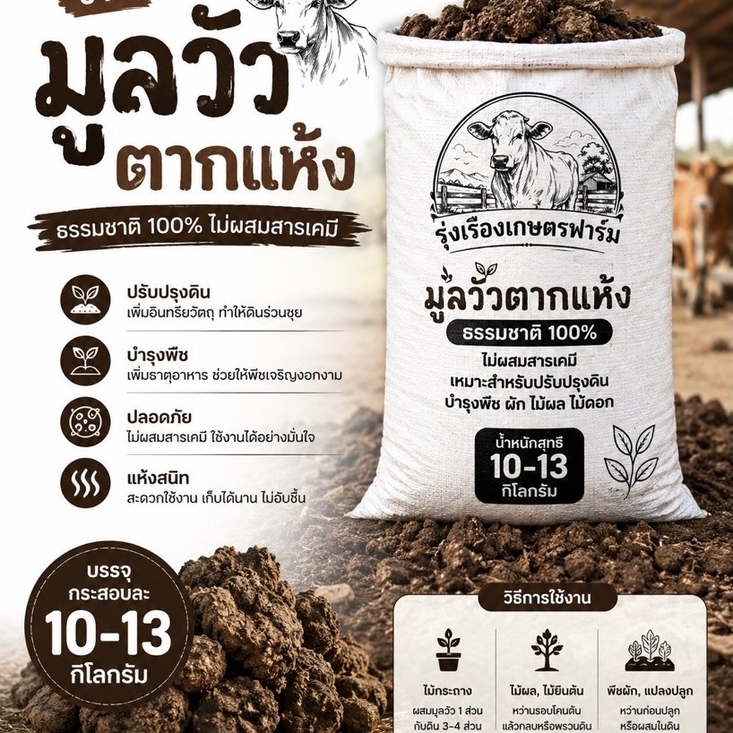 ขี้วัวตากแห้ง100%พร้อมใช้งานได้เลย ธรรมชาติ100%ไม่มีสารเคมี กระสอบประมาณ10-13กิโลกรัม/กระสอบ