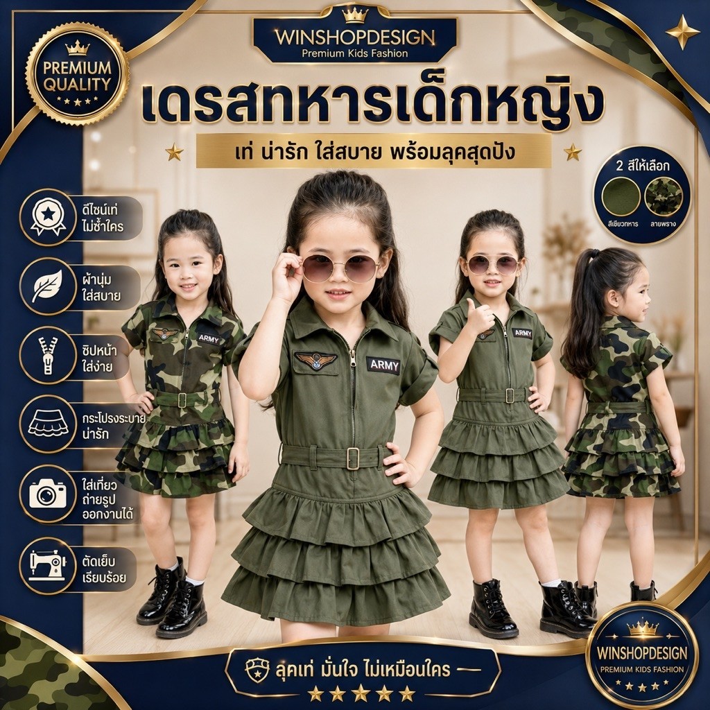 ✅พร้อมส่ง ชุดเด็ก ชุดทหารเด็กหญิง ชุดอาชีพเด็ก ชุดทหารเด็ก เดรสลายทหาร