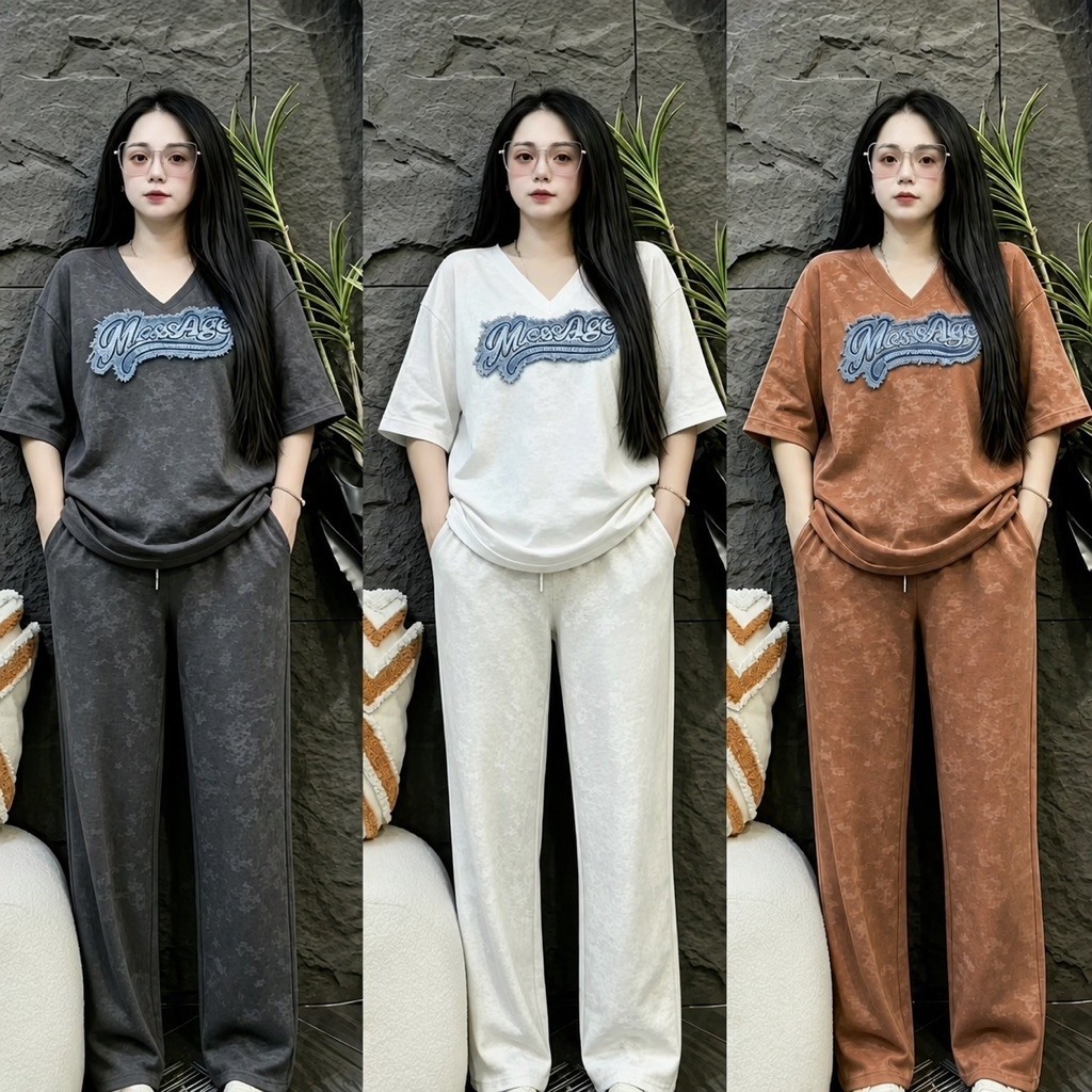 ชุดเซ็ท คอวีงาน [ปักผ้ายีนส์] กางเกงขายาว ฟรีไซส์ สาวอวบใส่ได้