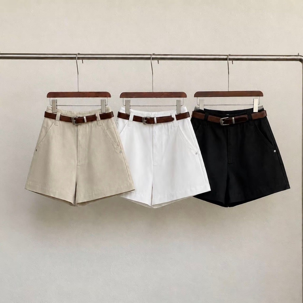 พร้อมส่ง (GMG61) กางเกงขาสั้นเอวสูง แถม เข็มขัดหนังสีน้ำตาล ผ้าTwill ขอบเอวเรียบ ตะขอซิปซ่อนด้านหน้า มีกระเป๋าข้าง