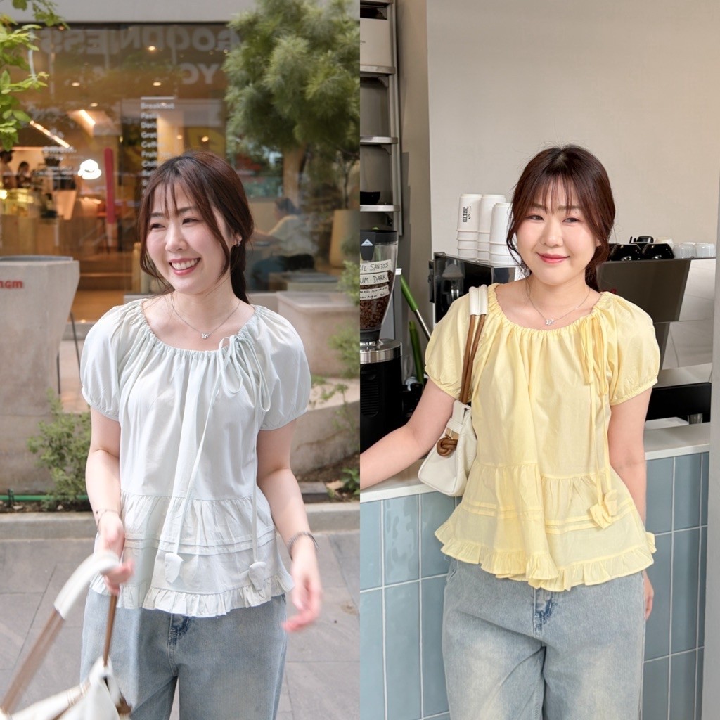 Poppy top Chakiya.store เสื้อแขนพอง แต่งชายระบาย มีผูกโบว์