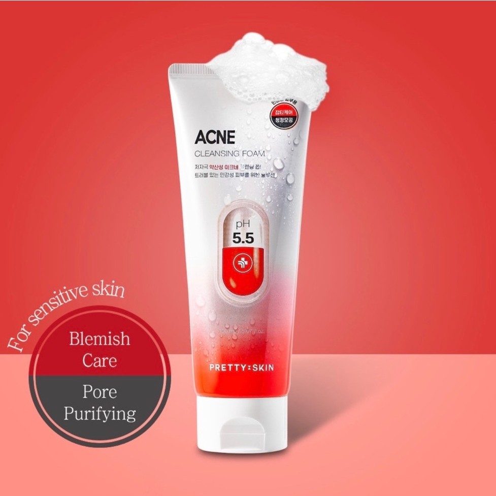 โฟมล้างหน้าลดสิว PRETTY SKIN Acne Cleansing Foam pH 5.5 ทำความสะอาดรูขุมขน ลดความมัน พร้อมปลอบประโลมผิวแพ้ง่าย