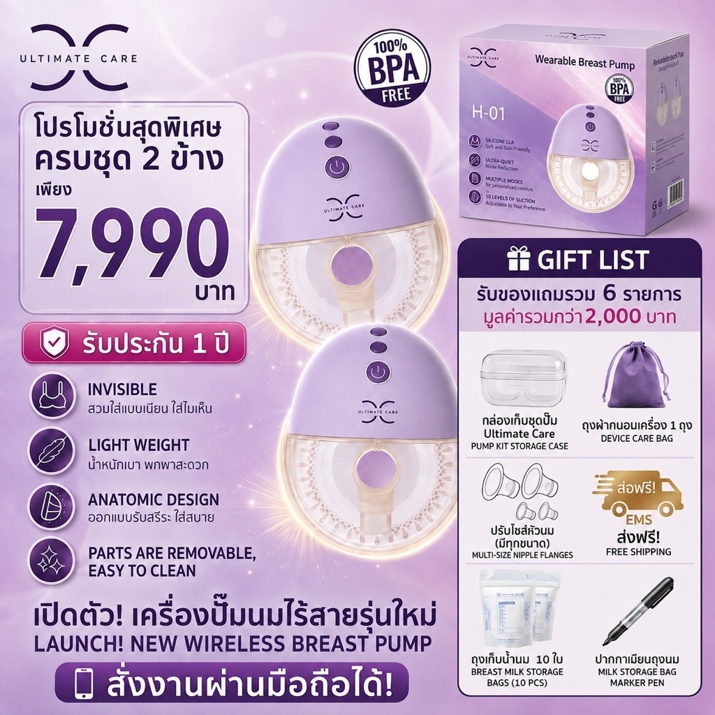 💜Ultimate care💜 1 คู่ 2 เต้า 🍀เครื่องปั๊มนมไร้สาย สั่งงานผ่านมือถือได้สะดวก