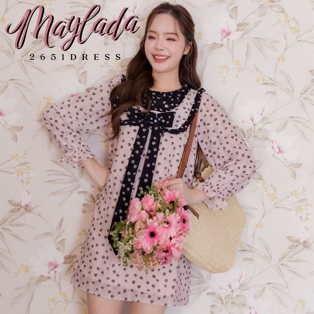 JBS2651 Maylada Dress มินิเดรส สีชมพู โบว์ดำ size xs งานมือ 2