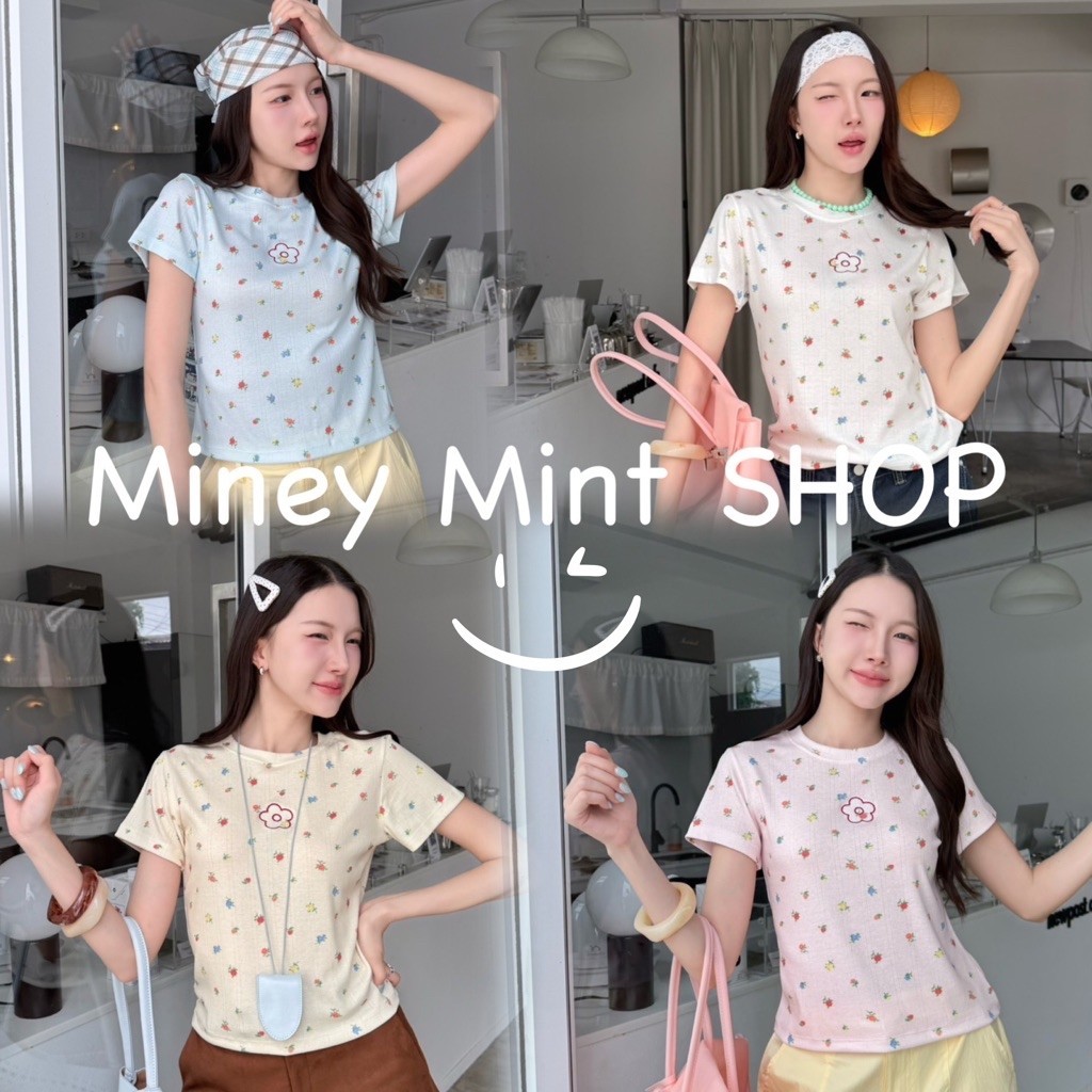 miniminey🌸 เสื้อผ้าร่องยืดคอกลม งานผ้าร่อง ดอกไม้