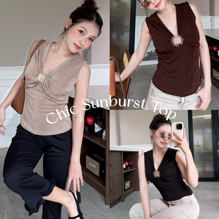 M03-Chic Sunburst Top เสื้อแขนกุดดีเทลเข็มกลัดติดอก ผ้ายืดเข้ารูป