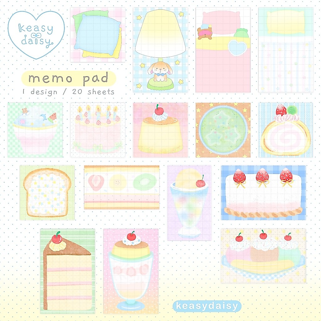 กระดาษโน้ตลายเตียงนอน & ขนมหวานในคาเฟ่ (16 แบบ) ♡ sweet dreams & café sweets — memo pad